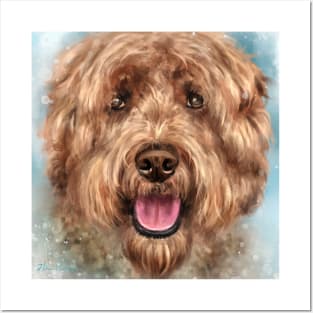 Painting of a Smiling Labradoodle Dog with Its Tongue Out Posters and Art